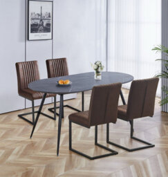 Hallowood Furniture Cullompton Large 160Cm Oval Table, Grey Marble Effect Top, With 4 Brown Leather Effect Chairs