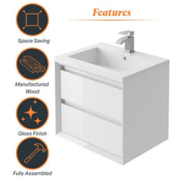 Plum&clay Luna White Wall Hung Vanity Unit & Resin Basin Set Bathroom Furniture (W)600mm (H)510mm - thumbnail 7