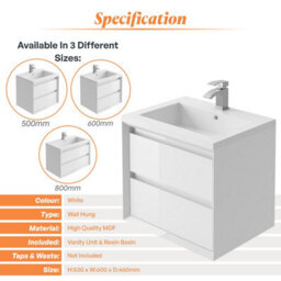 Plum&clay Luna White Wall Hung Vanity Unit & Resin Basin Set Bathroom Furniture (W)600mm (H)510mm - thumbnail 6
