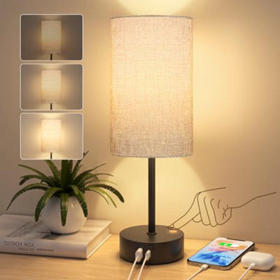 Stanbow Bedside Lamps, Touch Table Lamp With Usb A+C Charging Ports For Living Room Bedroom, Dimmable Small Grey Fabric Shade