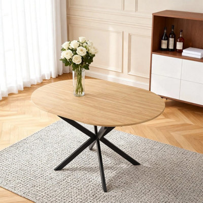 Round To Oval Wood Effect Top Extendable Dining Table Black Metal Legs - image 1