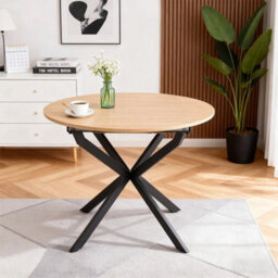 Round To Oval Wood Effect Top Extendable Dining Table Black Metal Legs - thumbnail 6