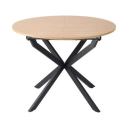 Round To Oval Wood Effect Top Extendable Dining Table Black Metal Legs - thumbnail 4