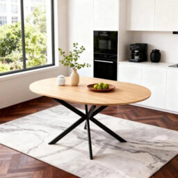 Round To Oval Wood Effect Top Extendable Dining Table Black Metal Legs - thumbnail 5