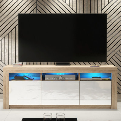 Creative Furniture Shine Tv Unit 160Cm - Oak & White Gloss Doors And Led Lights - image 1
