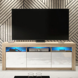 Creative Furniture Shine Tv Unit 160Cm - Oak & White Gloss Doors And Led Lights - thumbnail 1