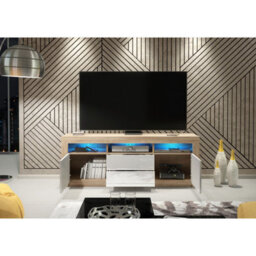 Creative Furniture Shine Tv Unit 160Cm - Oak & White Gloss Doors And Led Lights - thumbnail 3