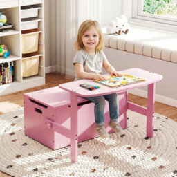Gainoom 3-In-1 Pink Desk And Chair Set Kids Convertible Activity Bench Table