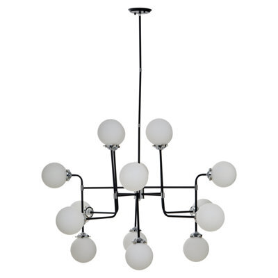Orsina Black And Chrome 16 Arm Pendant Light, Modern Spherical Glass Ceiling Fixture, Head Design With White Shades - image 1