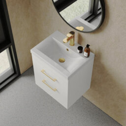 Balterley Millwich 2 Drawer Wall Hung Vanity Basin Unit - 500mm - Gloss White With Brushed Brass D-Shaped Handles (Tap Not Included) - thumbnail 5