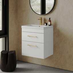 Balterley Millwich 2 Drawer Wall Hung Vanity Basin Unit - 500mm - Gloss White With Brushed Brass D-Shaped Handles (Tap Not Included) - thumbnail 4