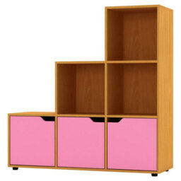 Urbn-Living Urbnliving Height 90.5Cm 6 Cube Step Storage Beech Bookcase And Pink Doors For Home Office Organizer Display Shelf Unit