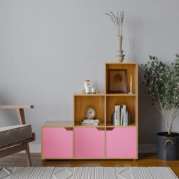 Urbn-Living Urbnliving Height 90.5Cm 6 Cube Step Storage Beech Bookcase And Pink Doors For Home Office Organizer Display Shelf Unit - thumbnail 2