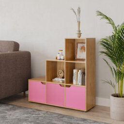 Urbn-Living Urbnliving Height 90.5Cm 6 Cube Step Storage Beech Bookcase And Pink Doors For Home Office Organizer Display Shelf Unit - thumbnail 3