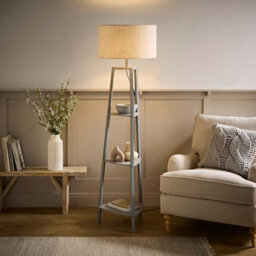 Valuelights Hiru Large Linen Drum Shade Grey 3 Tier Wooden Shelf Floor Lamp - thumbnail 1
