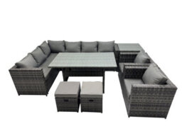Fimous Outdoor Pe Rattan Sofa Set With Dining Table Patio Garden Furniture Sets With 2 Small Stools Side Table Dark Grey Mixed - thumbnail 2