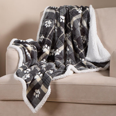 OHS Check Fleece Pet Blanket Throw Supersoft Plush Sherpa, Grey - 100 X 120Cm - image 1