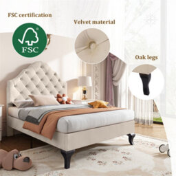 Abrihome Upholstered Bed With Height-Adjustable Headboard, Youth Bed, Single Bed, Wooden Slat Support, Easy Assembly, Velvet, Beige - thumbnail 3