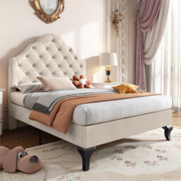 Abrihome Upholstered Bed With Height-Adjustable Headboard, Youth Bed, Single Bed, Wooden Slat Support, Easy Assembly, Velvet, Beige