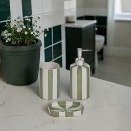 Showerdrape Pier Green & White Striped Bathroom Accessory Set - Soap Dish & Tumbler & Liquid Soap Dispenser - thumbnail 2