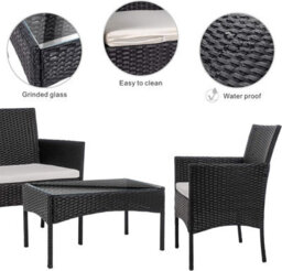 Alivio 4 Piece Rattan Garden Set, Pe Rattan Garden Furniture Set With Coffee Table, Anti-Uv Cushions For Indoor Outdoor - Black - thumbnail 4