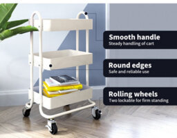 Levede 3 Tier Kitchen Storage Trolley White Steel Rolling Rack Organiser - thumbnail 5