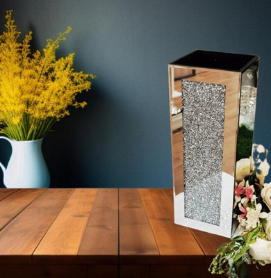 DEENZ Flower Vase With Floral Design Crystal Crushed Diamond Silver 13X13X35Cm