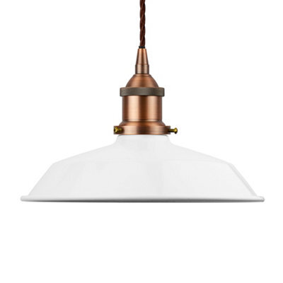 White Small Trinity Metal Painted Dome Pendant Light With Matt Antique Copper Lamp Holder And Brown Twisted Cable - Se Home - image 1
