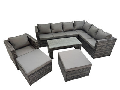 Fimous Outdoor Rattan Oblong Coffee Table Corner Sofa Sets Garden Furniture Set With Chair 2 Big Stools Dark Grey Mixed - image 1