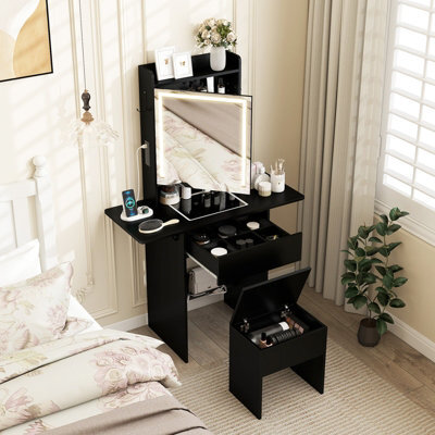 Costway Narrow Vanity Table W/ Lights Compact Makeup Dressing Table W/ Visible Glass Top-Black - image 1