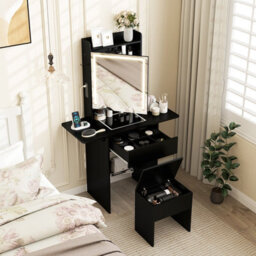 Costway Narrow Vanity Table W/ Lights Compact Makeup Dressing Table W/ Visible Glass Top-Black