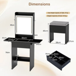 Costway Narrow Vanity Table W/ Lights Compact Makeup Dressing Table W/ Visible Glass Top-Black - thumbnail 2