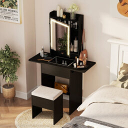 Costway Narrow Vanity Table W/ Lights Compact Makeup Dressing Table W/ Visible Glass Top-Black - thumbnail 3