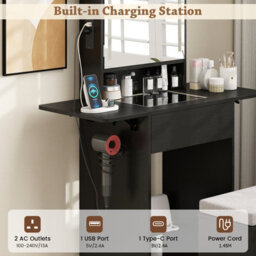 Costway Narrow Vanity Table W/ Lights Compact Makeup Dressing Table W/ Visible Glass Top-Black - thumbnail 5
