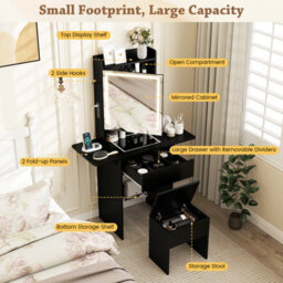 Costway Narrow Vanity Table W/ Lights Compact Makeup Dressing Table W/ Visible Glass Top-Black - thumbnail 6