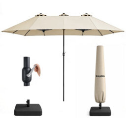 Keplin Double Garden Parasol With Base And Cover 4.5X2.7M, 12 Steel Ribs, 180Gsm Crank Handle, Polyester Canopy, Cream - thumbnail 1
