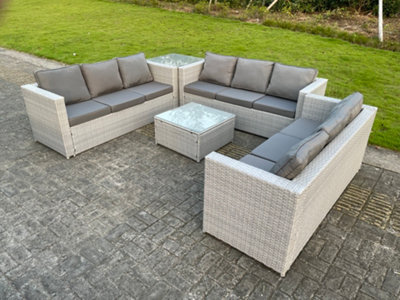 Fimous Light Grey Lounge Outdoor Pe Rattan Garden Furniture Set Pe Wicker Sofa Set Square Coffee Table Side Table 6 Seater - image 1