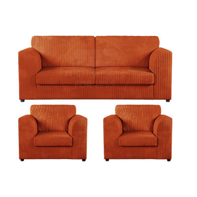 Furnishings For Less UK Luxor Jumbo Cord 3 + 1 + 1 Fabric 3 Piece Sofa Suite - Fullback Orange