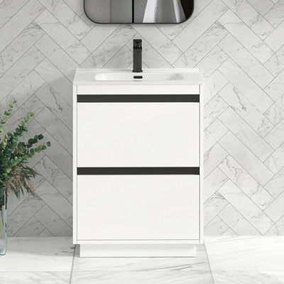 Royal Bathrooms Orion 600mm Matt White 2 Drawer Floor Standing Vanity Unit With Ceramic Basin & Black Strip - image 1