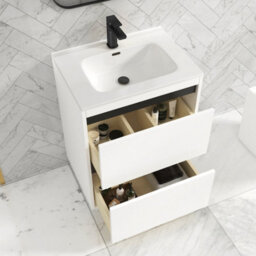 Royal Bathrooms Orion 600mm Matt White 2 Drawer Floor Standing Vanity Unit With Ceramic Basin & Black Strip - thumbnail 4