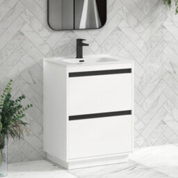 Royal Bathrooms Orion 600mm Matt White 2 Drawer Floor Standing Vanity Unit With Ceramic Basin & Black Strip - thumbnail 5