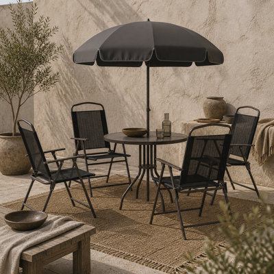 Wyld Haus Jattare 4-Seater Folding Metal And Mesh Garden Dining Set With Parasol, Black/coffee - image 1