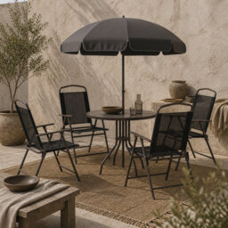 Wyld Haus Jattare 4-Seater Folding Metal And Mesh Garden Dining Set With Parasol, Black/coffee - thumbnail 1