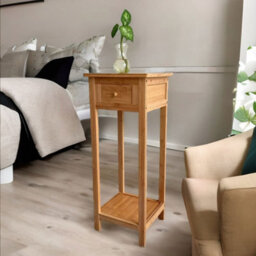BMBO 2 Tier Tall Wooden Side Table With Drawer Natural Brown - thumbnail 4