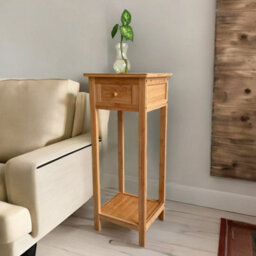 BMBO 2 Tier Tall Wooden Side Table With Drawer Natural Brown - thumbnail 5
