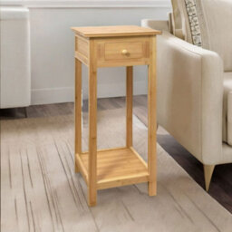BMBO 2 Tier Tall Wooden Side Table With Drawer Natural Brown - thumbnail 2