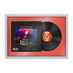 "AK Frames 25X17"" Silver Sleek Vinyl Record Frame With Poppy Red Mount For 12 Inch Lp Cover & Disc - Overlapped Design"