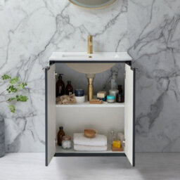 Homestylestore Anthracite 610mm Wall Hung Bathroom Vanity Unit With Basin And Brushed Brass Finger Pull Handle - thumbnail 2
