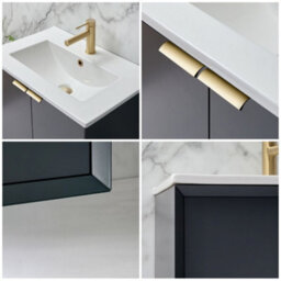 Homestylestore Anthracite 610mm Wall Hung Bathroom Vanity Unit With Basin And Brushed Brass Finger Pull Handle - thumbnail 3