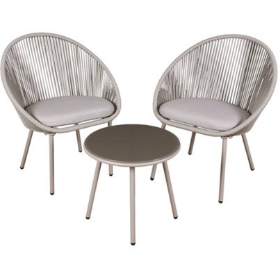 Loops 3Pc Garden Bistro Set - Steel & Rope - Outdoor Dining Chair & Round Table Grey - image 1